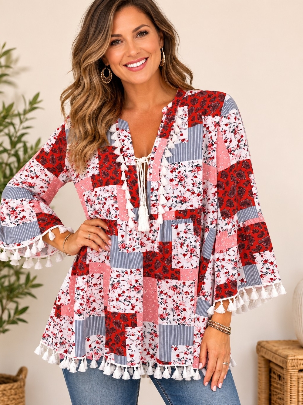 Boho Patchwork Floral Paisley Tunic Top Size M Tassel Bell Sleeve Festival